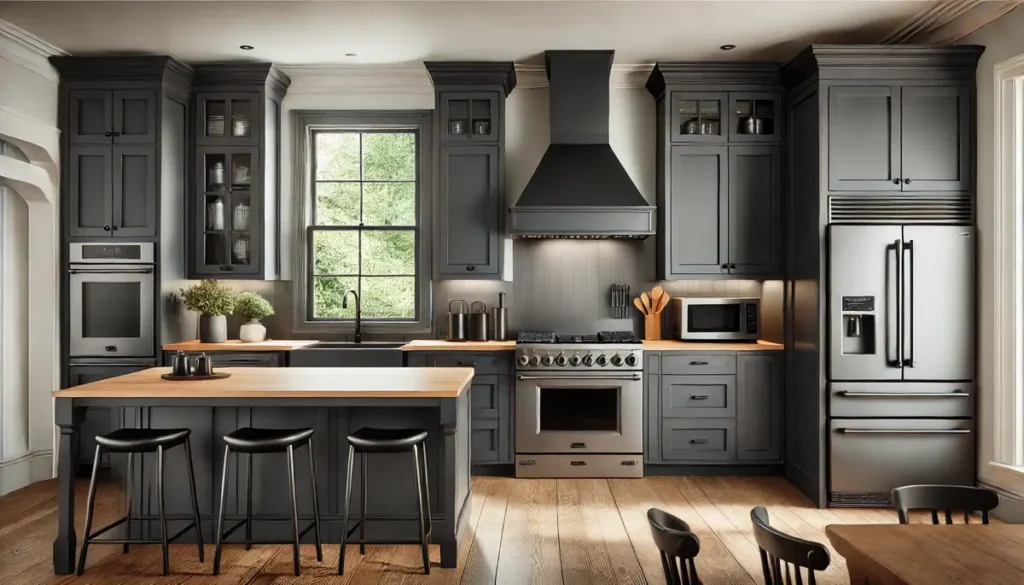 characol kitchen cabinet with black appliances