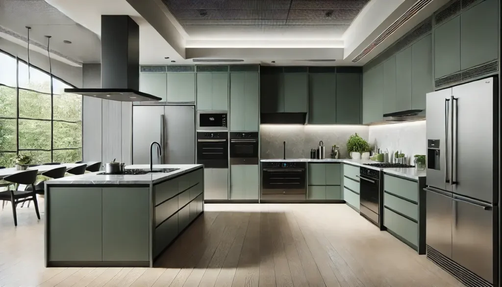 green kitchen cabinet with black appliances