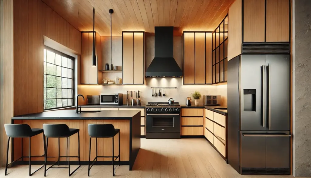natural wood color kitchen cabinet with black appliances