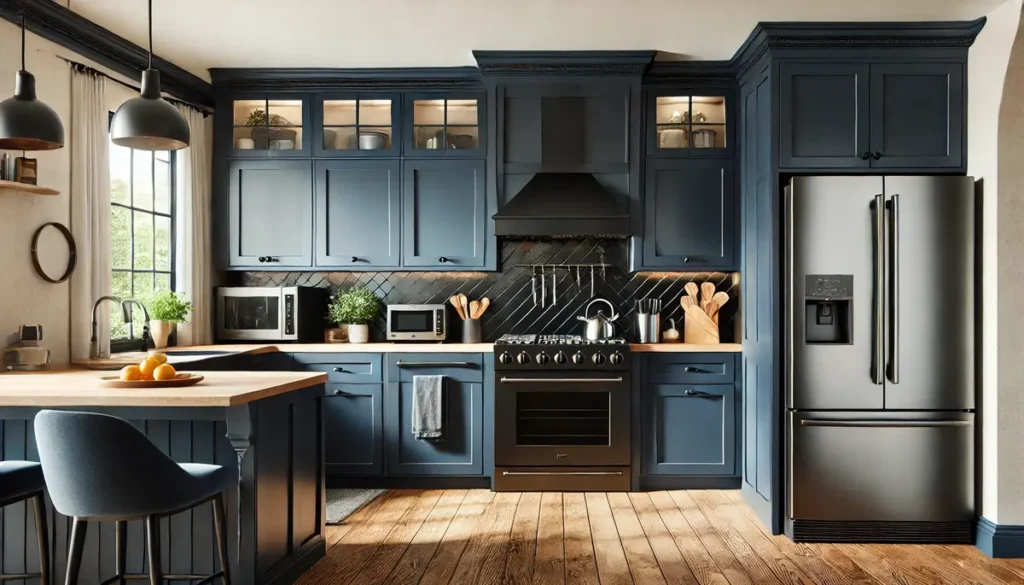 navy blue kitchen cabinet with black appliances