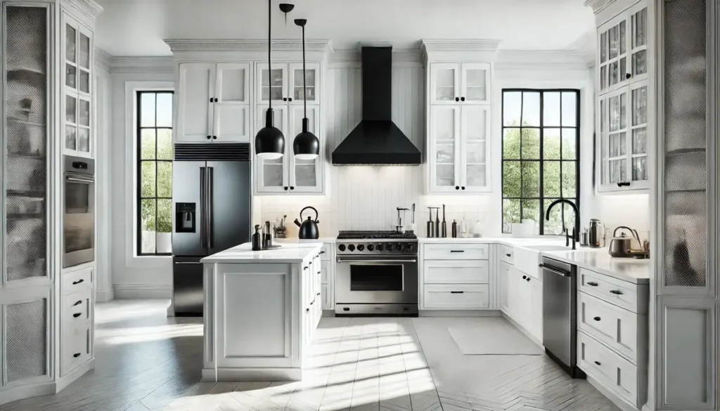 white kitchen cabinet with black appliances