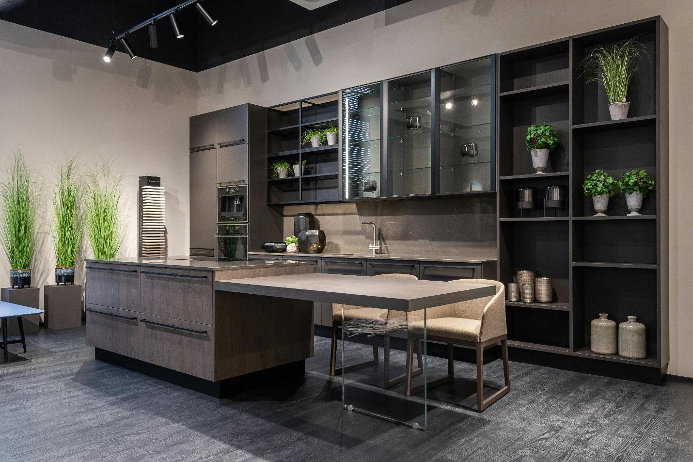 A modern kitchen with open shelves