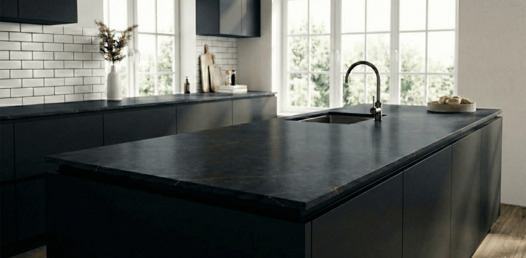black countertop on black kitchen cabinet