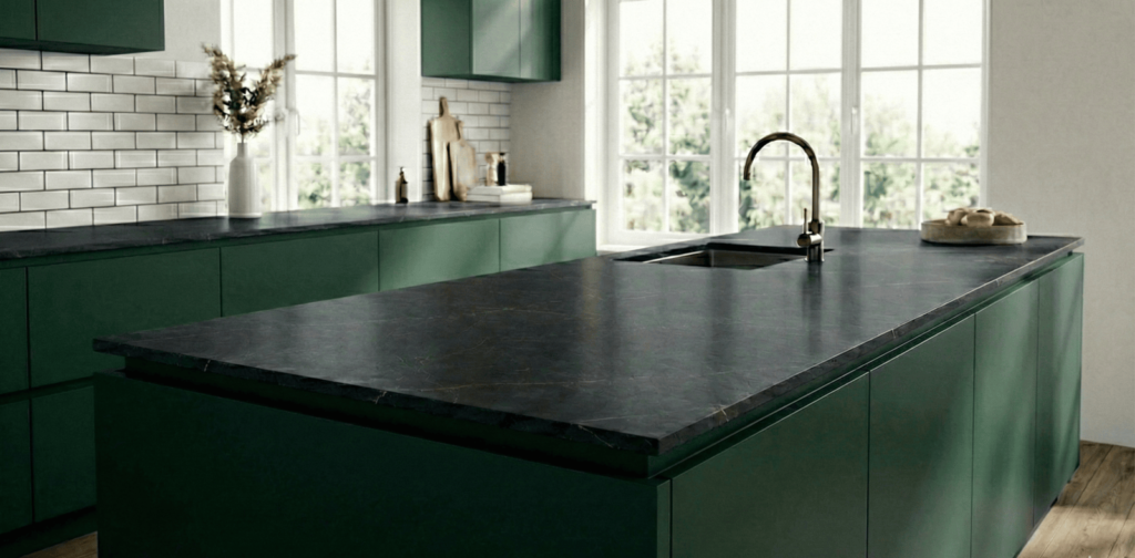 black countertop on nano green kitchen cabinet