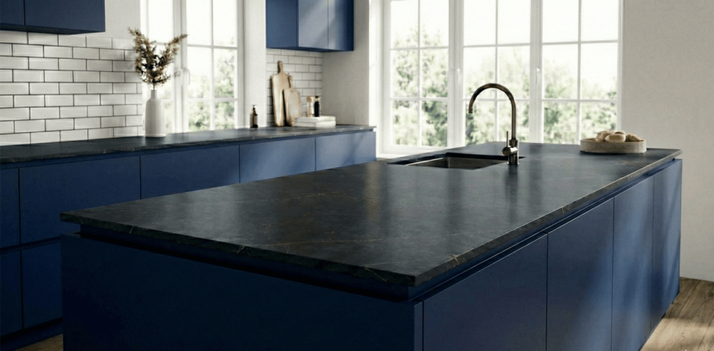 black countertop on navy blue cabinet