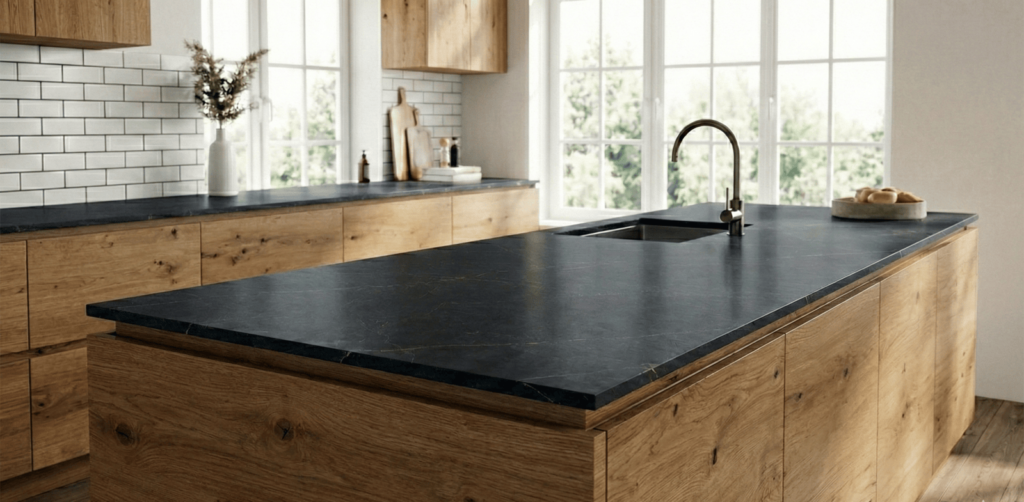 black countertop on wood tone kitchen cabinet
