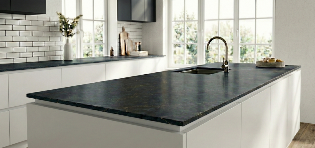 two tone kitchen cabinet with black countertop