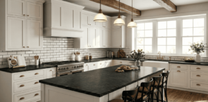 white shaker kitchen cabinet with black countertop