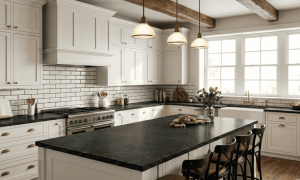 white shaker kitchen cabinet with black countertop